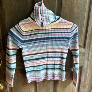 Talbots Kids 8 Turtleneck Top Pink Blue Purple stripes Cowl Long Sleeve Winter